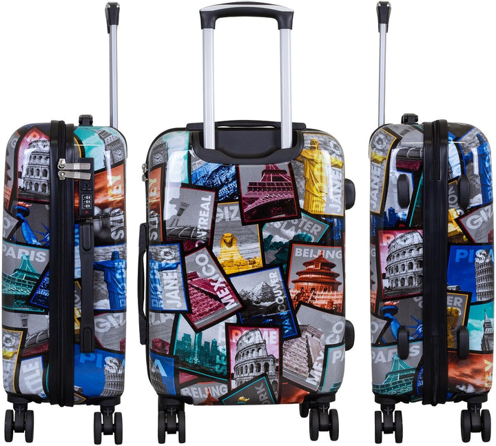Trendyshop365 City Koffer Hartschale mittelgross 67 cm - bunt Motiv Weltreise 4 Räder Citykoffer - G