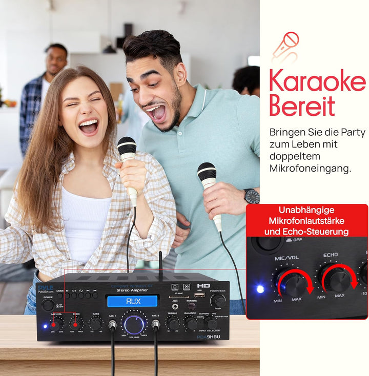 Pyle HiFi Verstärker, 200W Bluetooth Stereo Receiver mit HDMI, USB, UKW, AUX & Mic- Eingang, Mehrkan