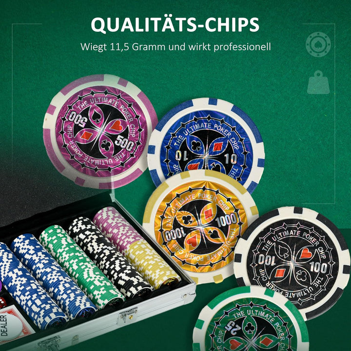 SPORTNOW Pokerkoffer Set, 500 Pokerchips 11,5 Gramm, Pokerset mit Schloss, 2 Pokerdecks, 5 Würfel, 1