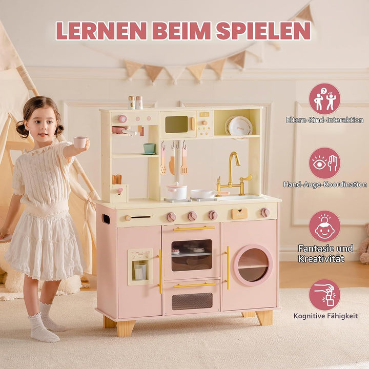 ROBUD Kinder Spielküche aus Holz, Kinder Spielzeugküche Spielset mit Brotmaschine, Ofen mit Kuchen,