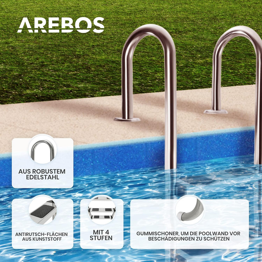 Arebos Edelstahl Poolleiter | inkl. Kunststoffbolzen, Flanschrohr und Montagematerial | 2 Montagemög
