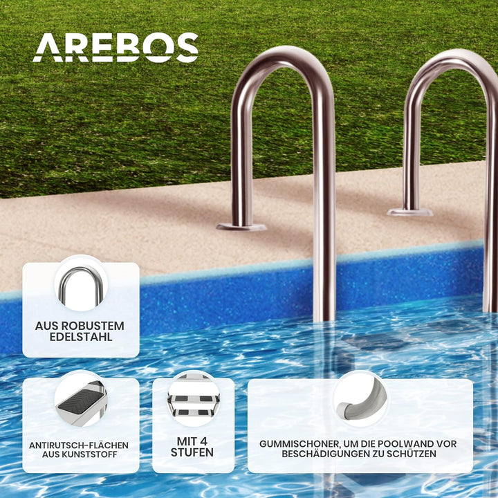Arebos Edelstahl Poolleiter | inkl. Kunststoffbolzen, Flanschrohr und Montagematerial | 2 Montagemög