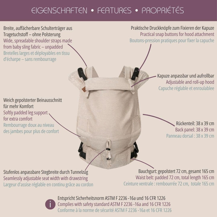 Hoppediz Babytrage Primeo, für Neugeborene ab Geburt, Bauchtrage, Rückentrage, 100% Bio-Baumwolle, A