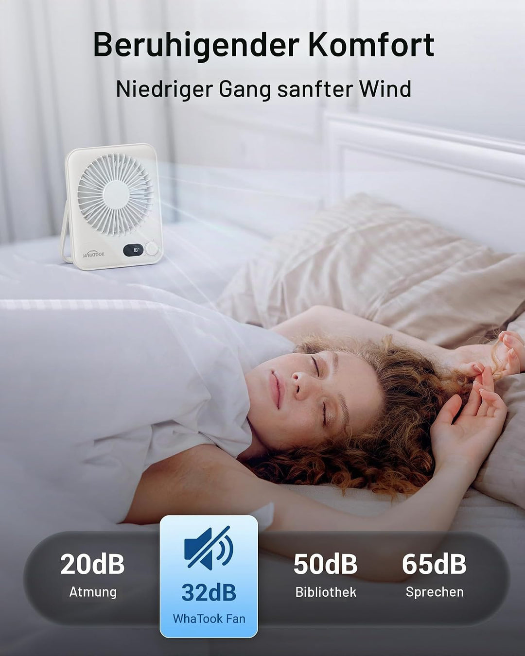 WHATOOK USB-Tischventilator: Stufenlos 1-100 Regler, Leiser 2000mAh Akku Tragbarer Lüfter mit LED-An