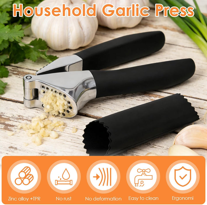 Knoblauchpresse Edelstahl,Premium Knoblauchpresse mit Sparschäler und Bürste,Garlic Press,Ingwerpres