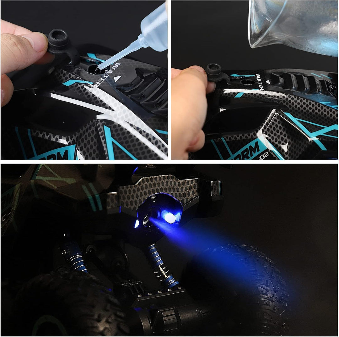 Herefun Ferngesteuertes Auto, 2.4GHz RC Auto für Kinder mit LED Licht und Spray, 4WD Wiederaufladbar
