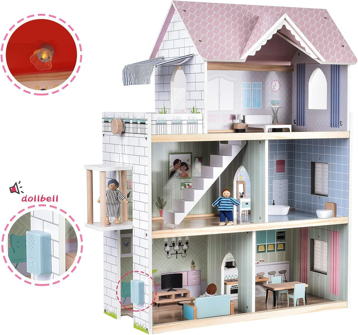 Giant bean Puppenhaus Holz, 80 cm Hoch, mit Aufzug, Türklingel, Licht, 15 Möbelstücken und 3 Puppen,