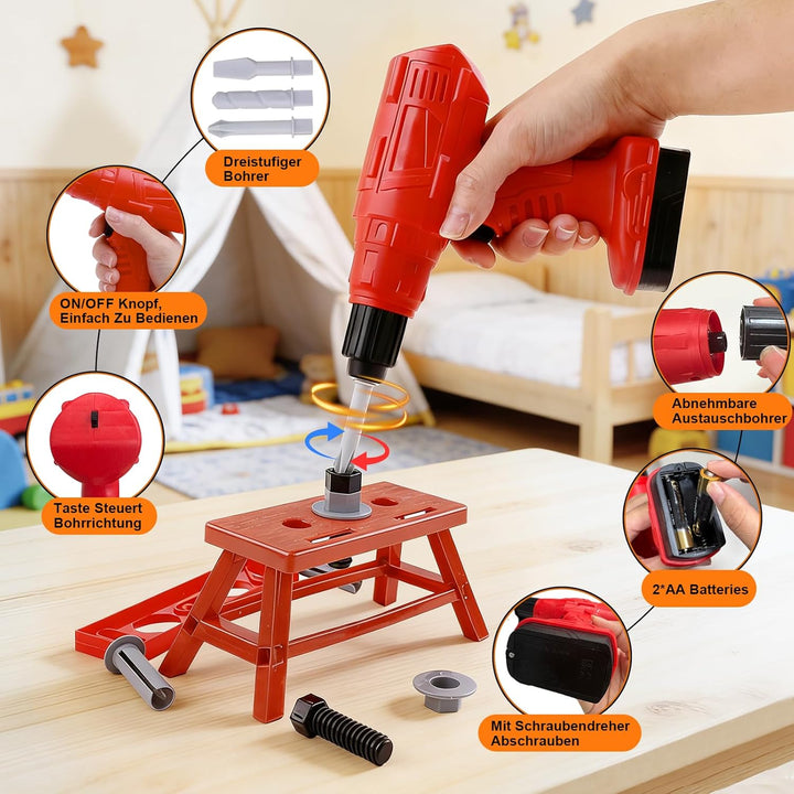 Morofme Kinder Werkzeugkoffer 52 Stück, Werkzeug Kinder Set mit Bohrmaschine, Arbeitskappe, Hammer,