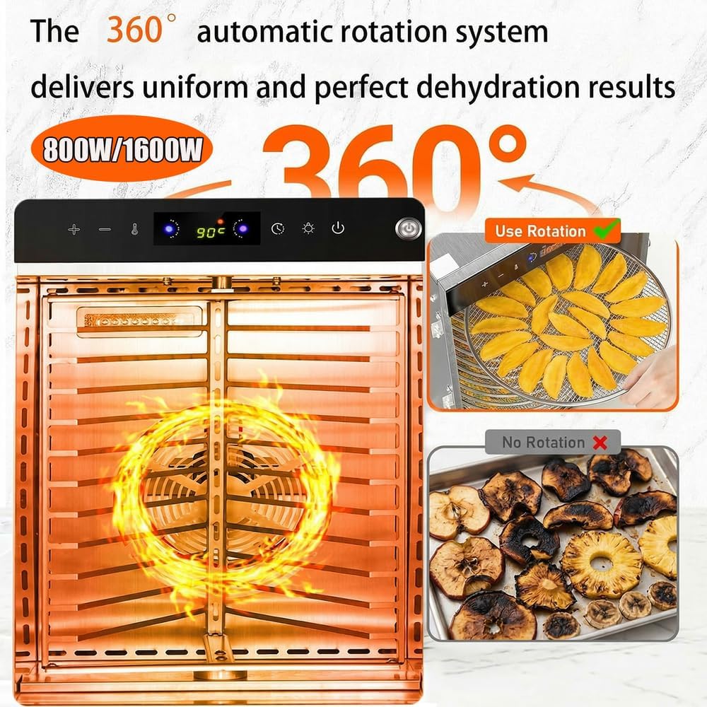 360°Drehfunktion Food dörrautomat (10 extragrosse Tablett) 800W Doppellüfter,24 Hour Digital Timer T
