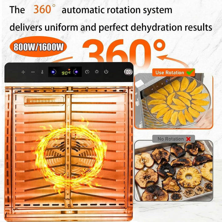 360°Drehfunktion Food dörrautomat (10 extragrosse Tablett) 800W Doppellüfter,24 Hour Digital Timer T