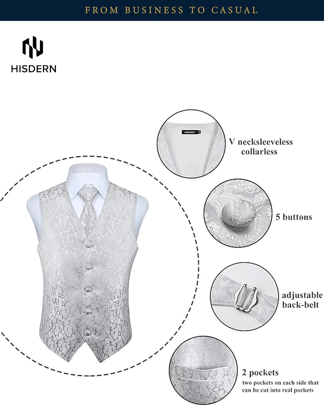 HISDERN Herren Weste Paisley Floral Jacquard Krawatte Einstecktuch Taschentuch Weste Anzug Set XXL W