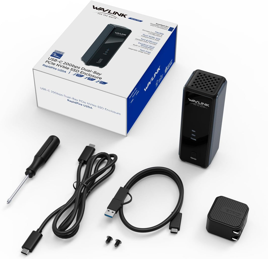 WAVLINK Duales M.2 NVMe SSD Gehäuse, USB3.2 Gen 2x2 20Gbps, PCIe NVMe M Key & B+M Key, Unterstützt U