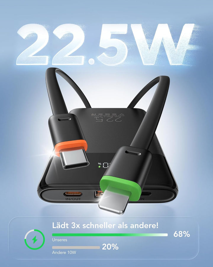 VEGER Power Bank 10000mAh Klein, 22.5W Schnellladung PowerBank mit Integriertem USB-C Kabel, Externe