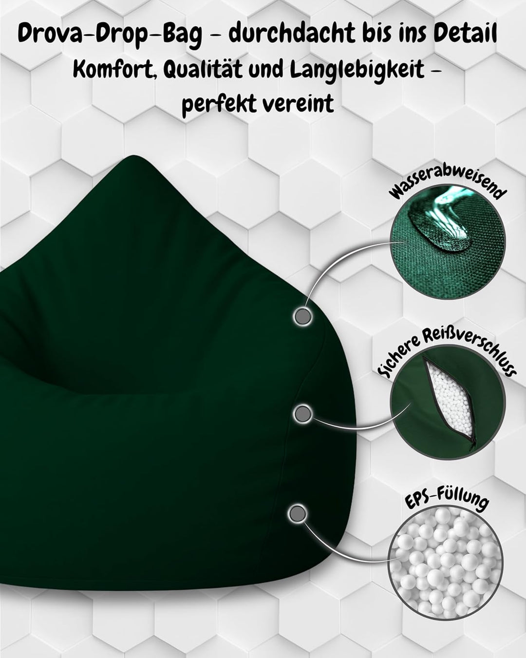 PATCH HOME Patchhome Sitzsack Tropfenform mit Reissverschluss Nachfüllbar - für In &amp; Outdoor - mit S