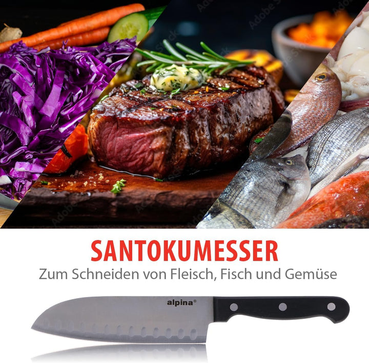 alpina Messerblock aus Holz - Bestückt für Küchen - Kochmesser - Messer Set, Holz