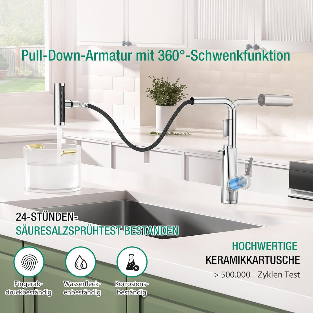 CREA Wasserfall Wasserhahn Küche Ausziehbar,Mischbatterie Edelstahl Küche mit Seifenspender,360° Dre
