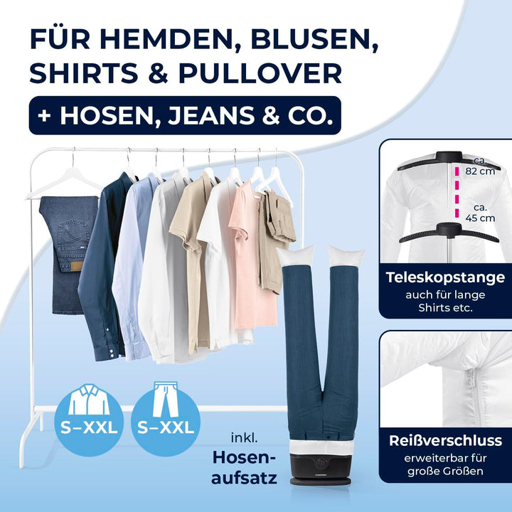 CLEANmaxx automatischer Hemdenbügler PRO mit Hosenaufsatz | Ersetzt Bügeleisen, Dampfglätter, Steame