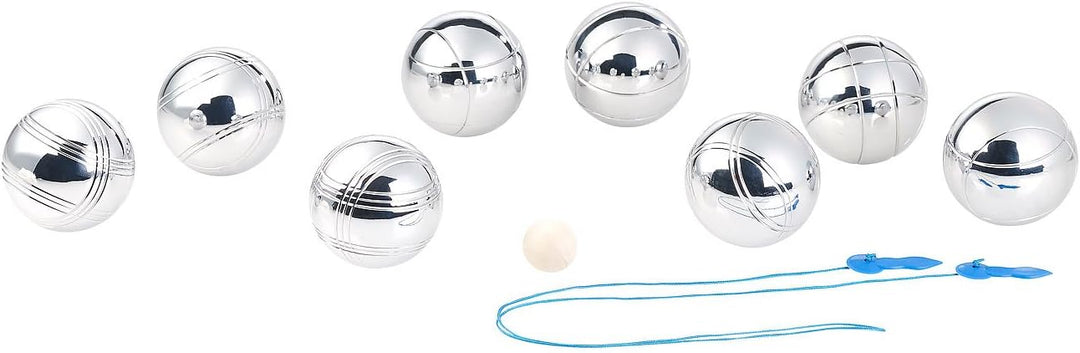 PEARL Boule Kugeln: Boule- & Boccia-Spiel: 8 Metall-, 1 Holz-Kugel, Abstandsmesser, Tasche (Boccia K