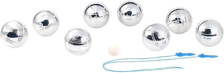 PEARL Boule Kugeln: Boule- & Boccia-Spiel: 8 Metall-, 1 Holz-Kugel, Abstandsmesser, Tasche (Boccia K