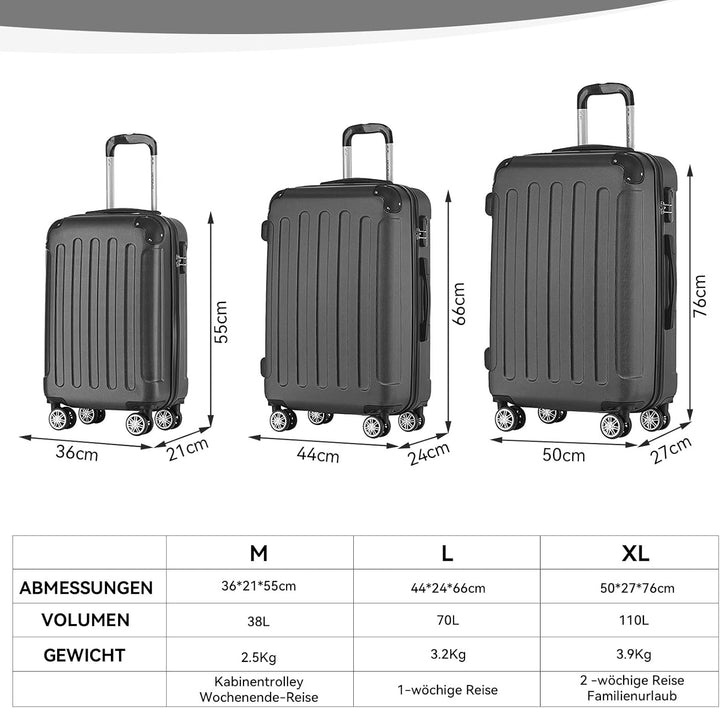 BEIBYE Zwillingsrollen Hardcase Reisekoffer Koffer Trolleys Hartschale in XL-L-M in 14 Farben (Schwa
