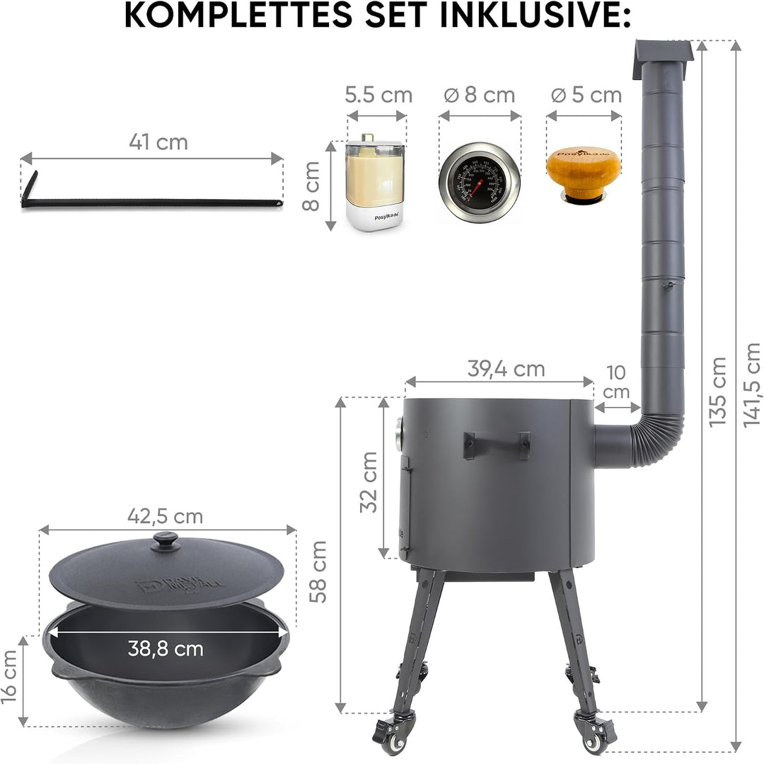 Utschak Feuerofen Ø 40 cm + Gusseisen-Kasan 12 L, runder Boden + Küchenzubehör, Usbekischer Kochtopf