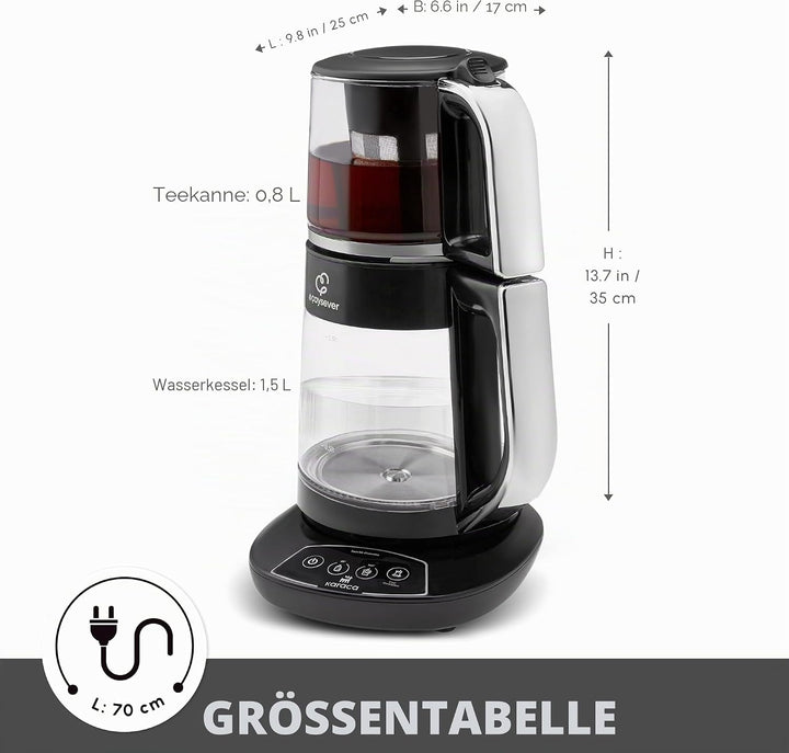 Karaca Caysever Maschine, Stahl, Chrome 1700 W, BPA-frei, 0,8 Lt Fassungsvermögen Glas-Teekanne, 1,5