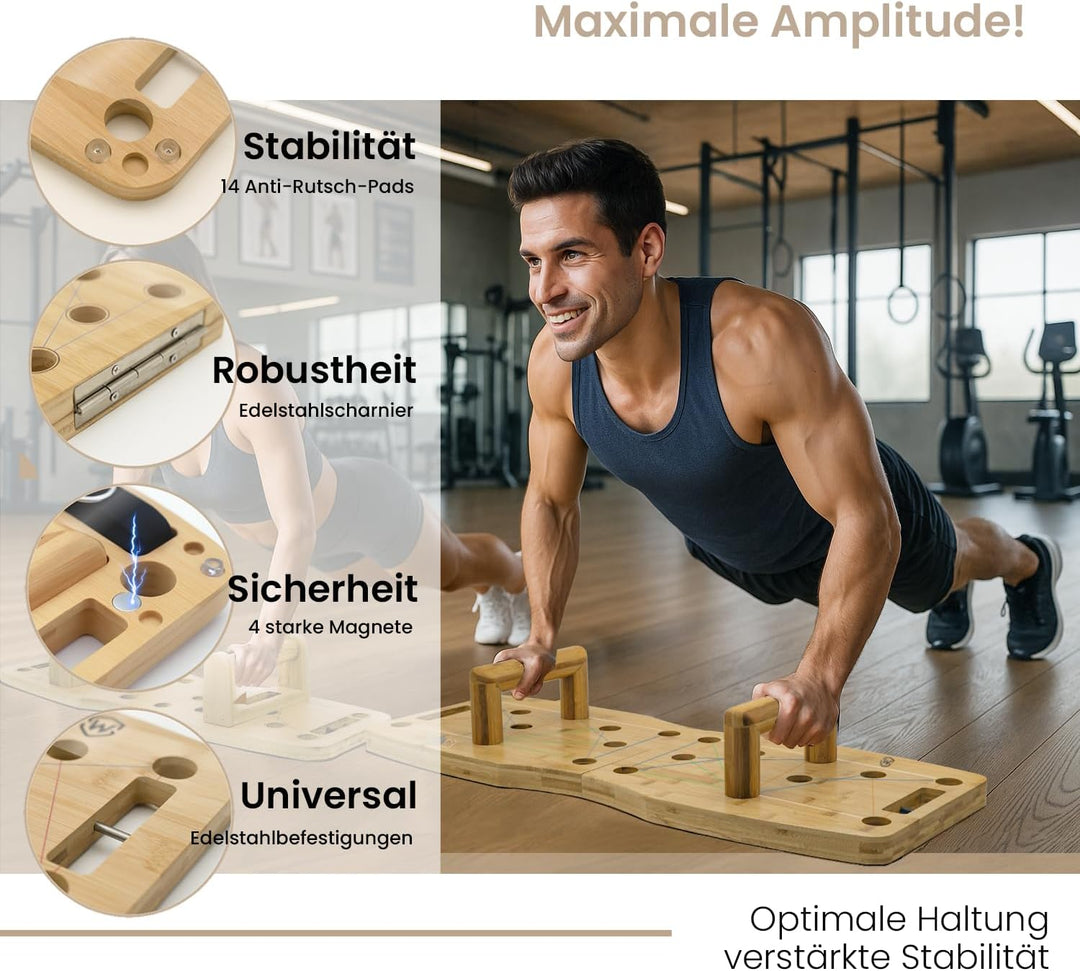 Amplitude Pro – Premium Liegestützbrett (push up board) aus Bambus – 81 cm Erwachsenengrösse – klapp