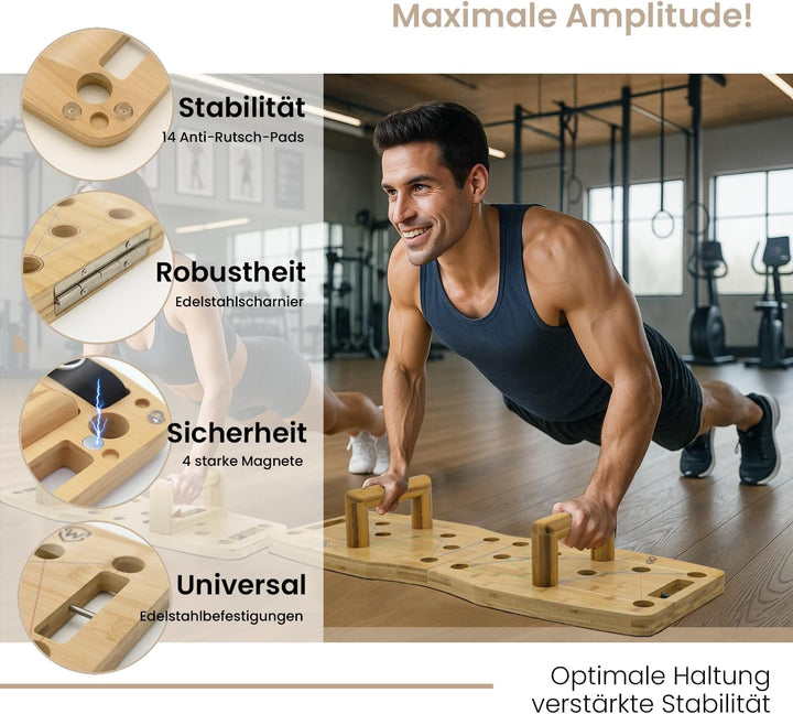 Amplitude Pro – Premium Liegestützbrett (push up board) aus Bambus – 81 cm Erwachsenengrösse – klapp