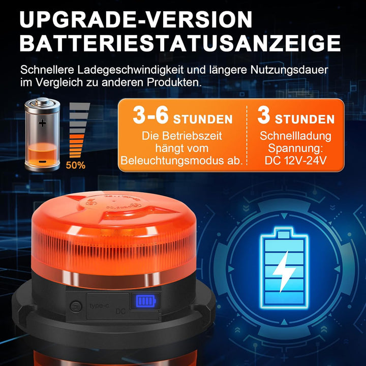 AnTom Rundumleuchte Akku mit Akkustandanzeige 9 Blitzmuster LED Rundumleuchte 12V Magnet Warnleuchte