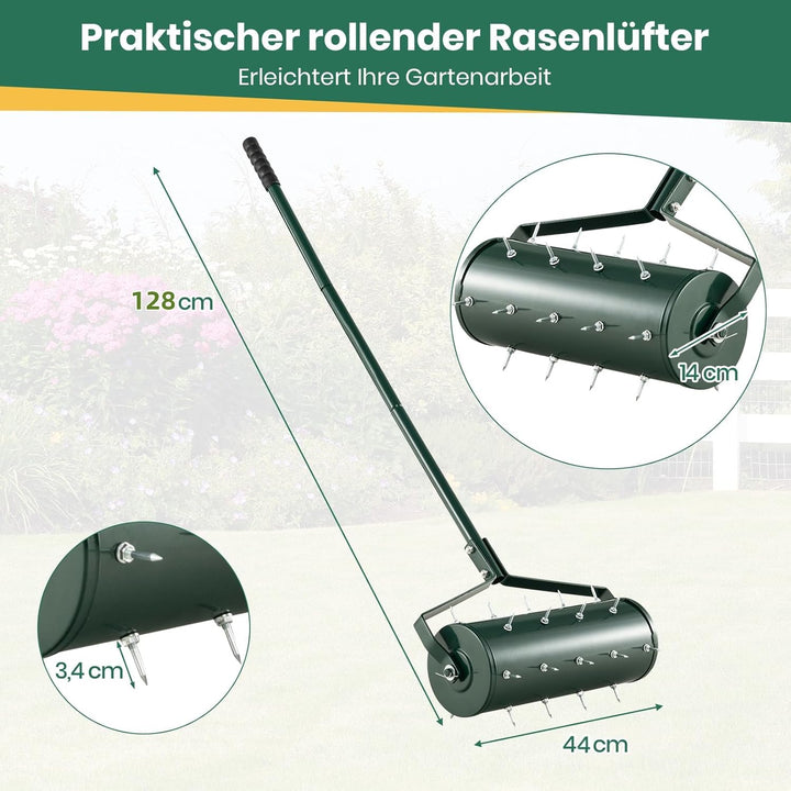 RELAX4LIFE Rollender Rasenlüfter, Rasenrolle mit 44 cm Breite, Handvertikutierer mit Stiel & Nägeln,