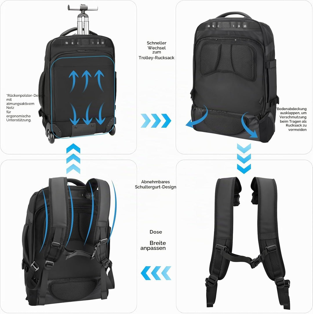Reiserucksack mit rollen,17 Zoll Laptop trolley rucksack, Wasserfester Handgepäck-Rucksack mit USB-C
