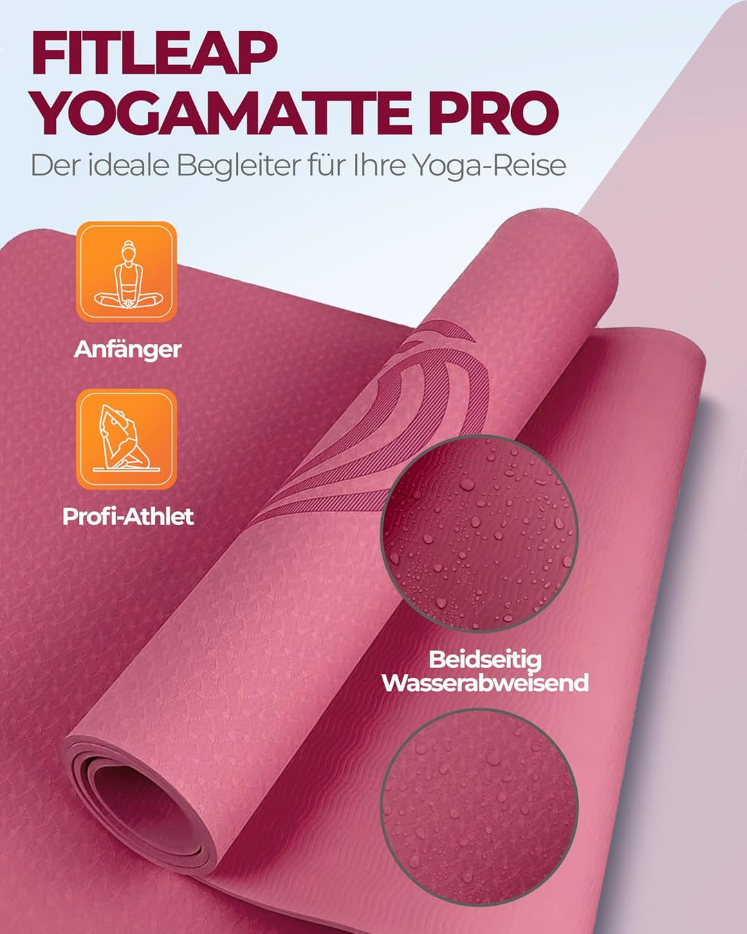 Fitleap Yoga-Matte Pro aus umweltfreundlichem TPE-Schaum. Sehr rutschfeste, schadstofffreie, hypoall