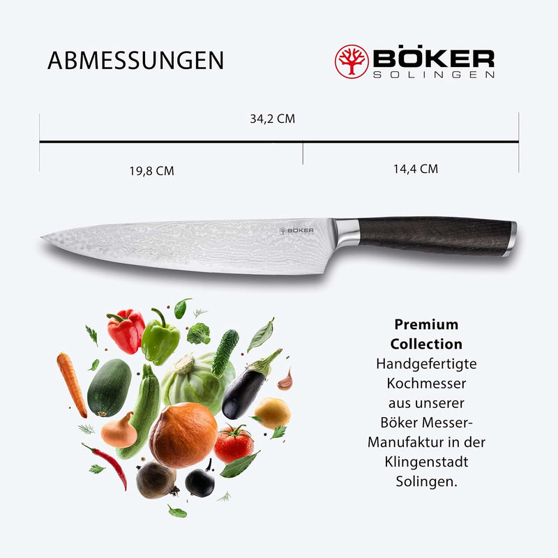 Böker SOLINGEN® Meisterklinge Damast Kochmesser mit Holz-Griff aus Räucher-Eiche - Profi Chef-Messer