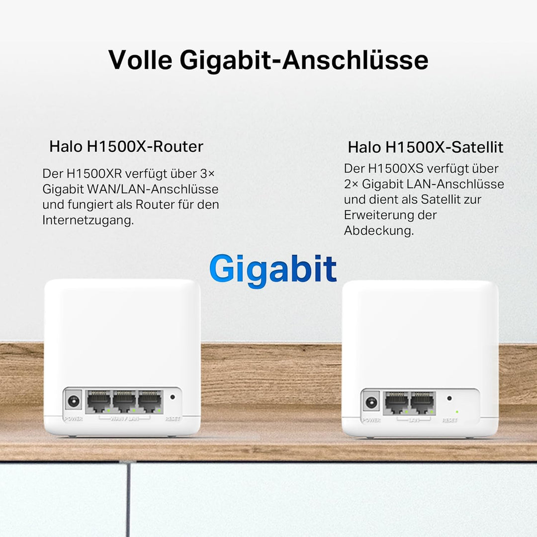 Mercusys Halo H1500X Wi-Fi 6 Mesh WLAN Set (2er Pack), AX1500 Dual Band Router & Repeater, Gigabit-P
