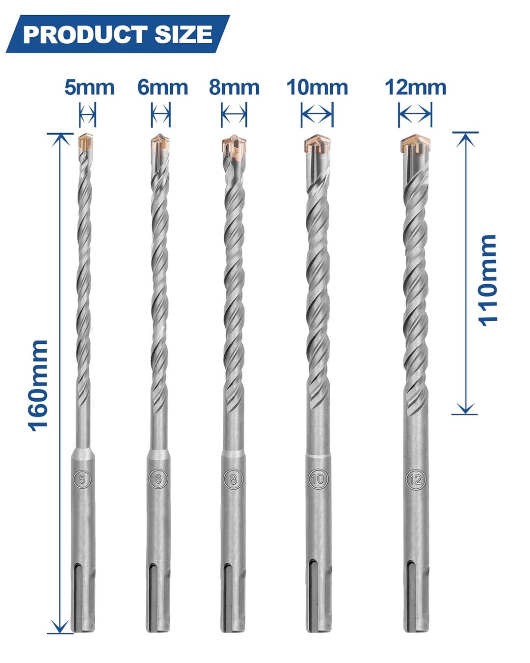 HIGHDRIL Betonbohrer Set- 10-teilig 5-12mm (160mm Länge) Hammer-Bohrer-Set, SDS Plus Bohrer Set für