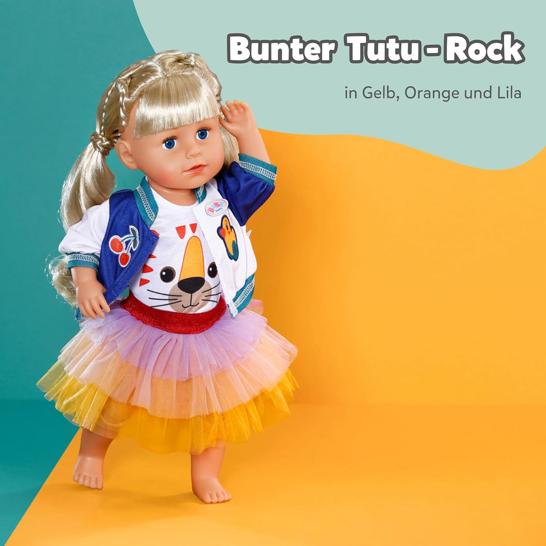 BABY Born Tutu-Outfit - Mit Buntem Tutu-Rock, T-Shirt &amp; Jacke im College-Stil - Hochwertiges Puppenz