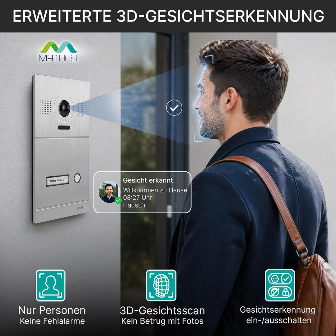 Mathfel 2-Draht IP Video-Türsprechanlage mit Türöffner – Full-HD Kamera, 10" Monitor & App-Steuerung