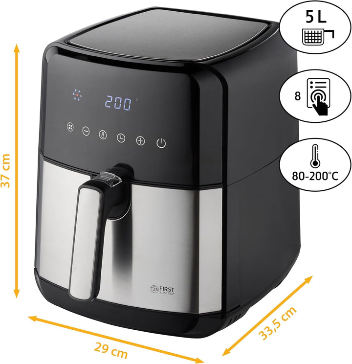 TZS First Austria Heissluftfritteuse 5 L, Antihaft-Edelstahlkorb, Airfryer, digital, 8 Programme, 17