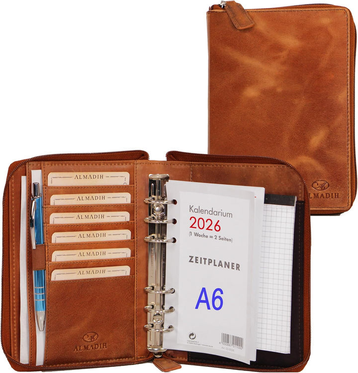 ALMADIH Leder A6 Organizer mit Reissverschluss Kalender 2024 Notizblock Premium Rindsleder Braun Del