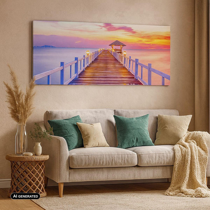 Wandbilder Dekoration Wohnzimmer Sonnenuntergang Wasser Brücke Horizont Bilder auf Leinwand 120x50cm