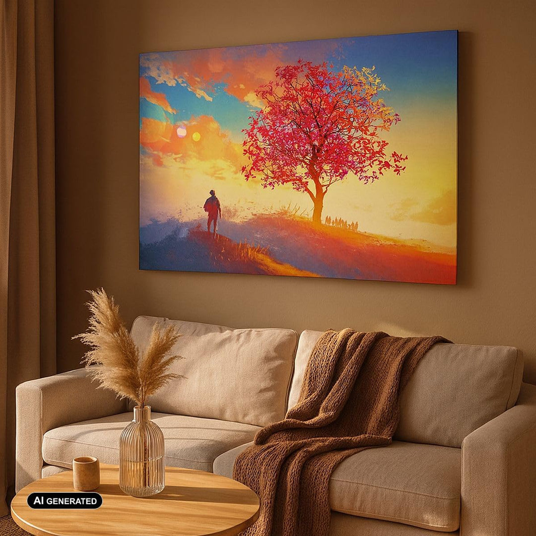 Bilder auf Leinwand 100x70cm Leinwandbild mit Rahmen Baum Wiese Feld Gross Wanddeko Bild Schlafzimme