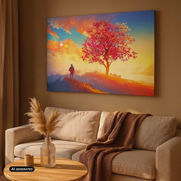 Bilder auf Leinwand 100x70cm Leinwandbild mit Rahmen Baum Wiese Feld Gross Wanddeko Bild Schlafzimme