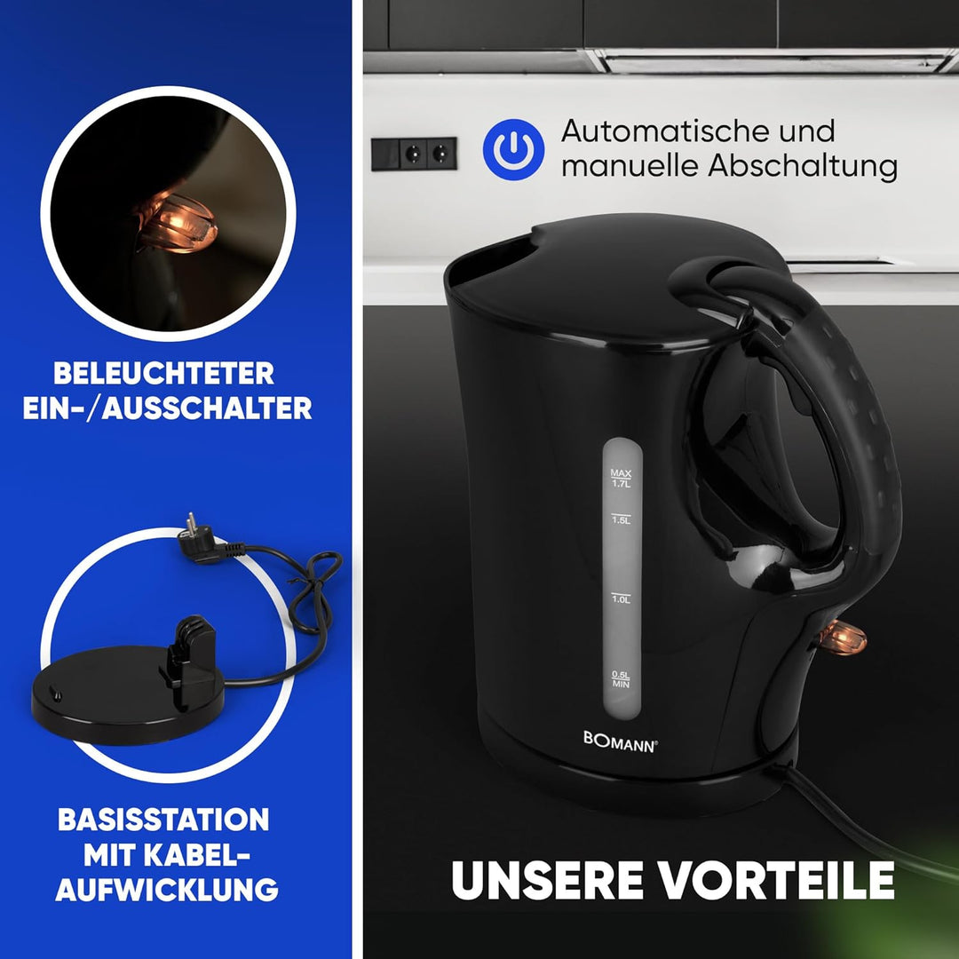 Bomann® Wasserkocher | Kettle | 1,7 L mit automatischer & manueller Abschaltung | herausnehmbarer Ka