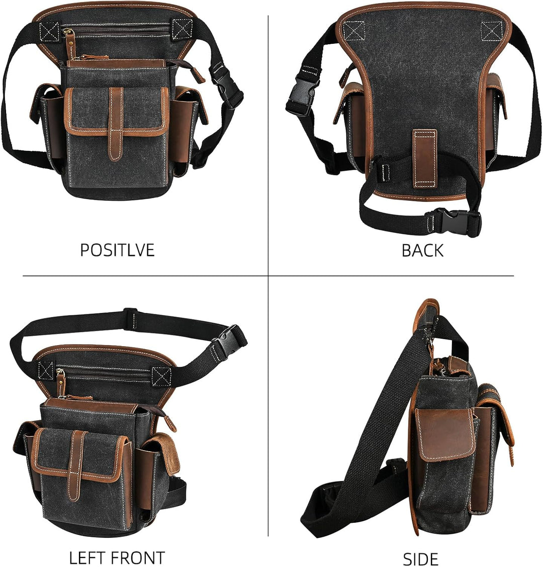 Herren Canvas + Leder Motorrad Reiten Tasche Beinbeutel Beintasche Aussenbeintasche Hüfttasche Drop