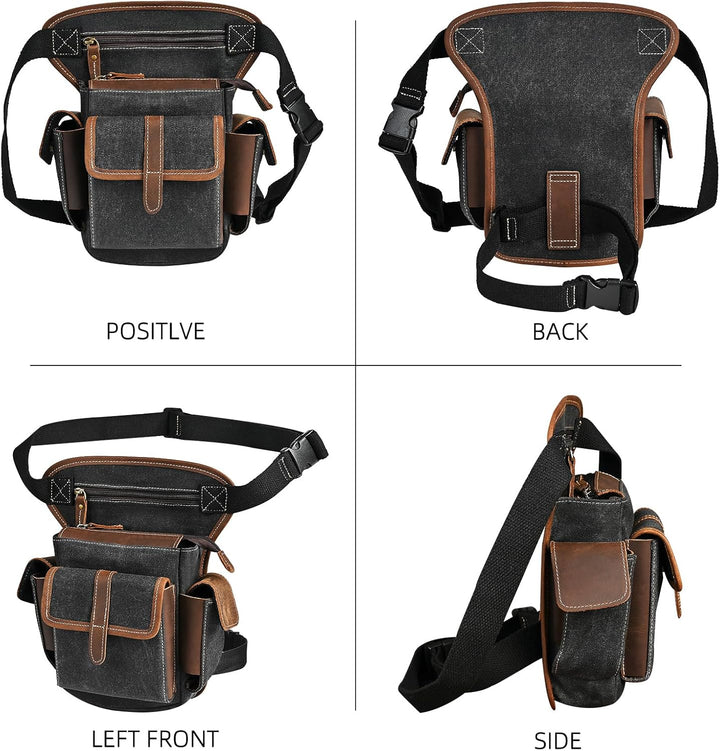 Herren Canvas + Leder Motorrad Reiten Tasche Beinbeutel Beintasche Aussenbeintasche Hüfttasche Drop