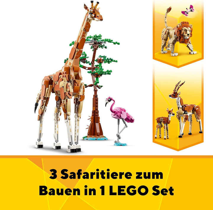 LEGO Creator 3in1 Tiersafari, Kreativ-Set mit Tierfiguren, 3 Baumöglichkeiten: Spielzeug-Giraffe, Ga