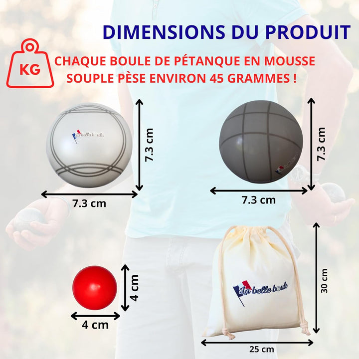 La belle boule Boccia-Kugel aus Schaumstoff – Innen & Aussen – Set mit 6 Kugeln + rote Zielkugel + A