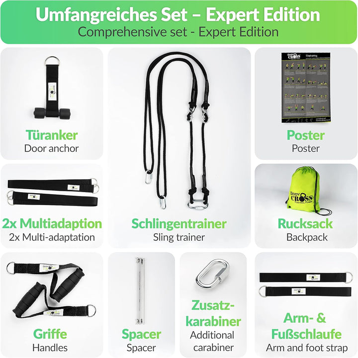 PREMIUM Schlingentrainer, Made in Germany, geprüft & zertifiziert, Slingtrainer Krafttraining Set fü