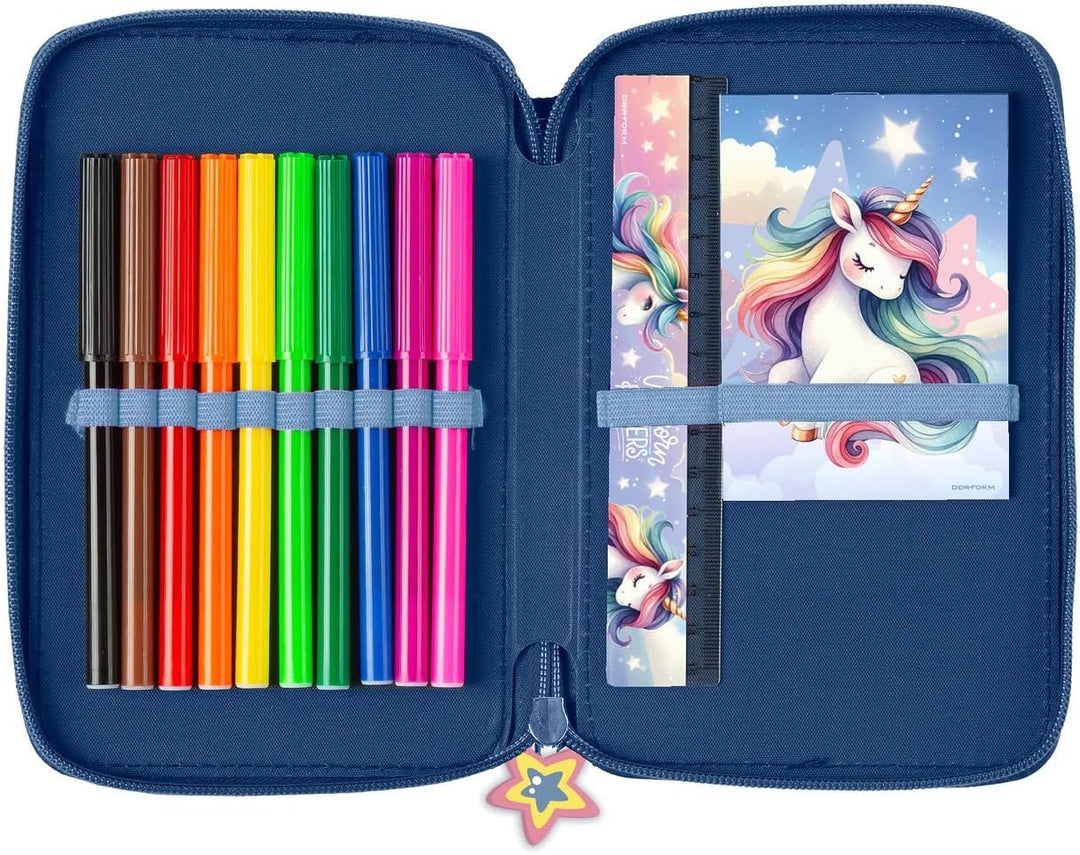 Ragusa-Trade Pferde Einhorn Unicor, 2-Fach Federtasche Federmappe, 27 TLG. gefüllt für Kinder Jungen