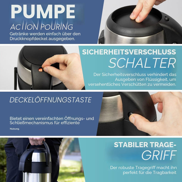 Wärmflasche - 3L Edelstahl Airpot Pumpe Action Flasche Doppelwandige Isolierung, Auslaufsicher